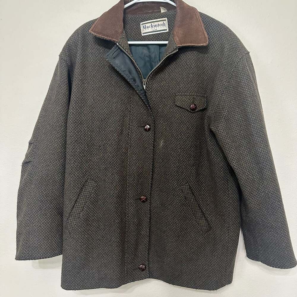 Mackintosh of New England Vintage Wool Tweed Leather Collar Jacket Size 10